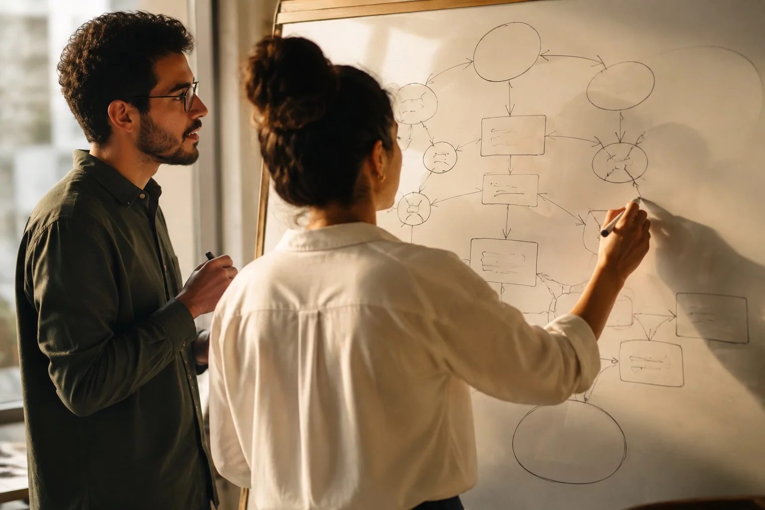 Duas pessoas diante de um quadro branco com um mapa de argumento desenhado à mão