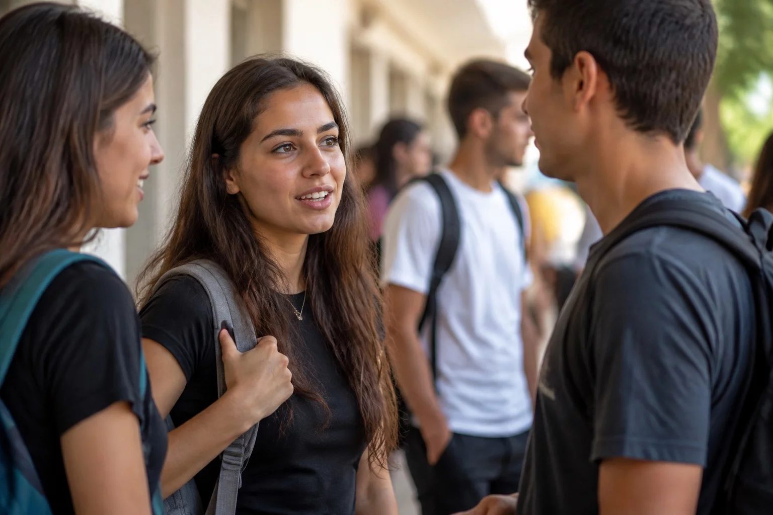 Estudantes com mochilas conversando no corredor de uma universidade