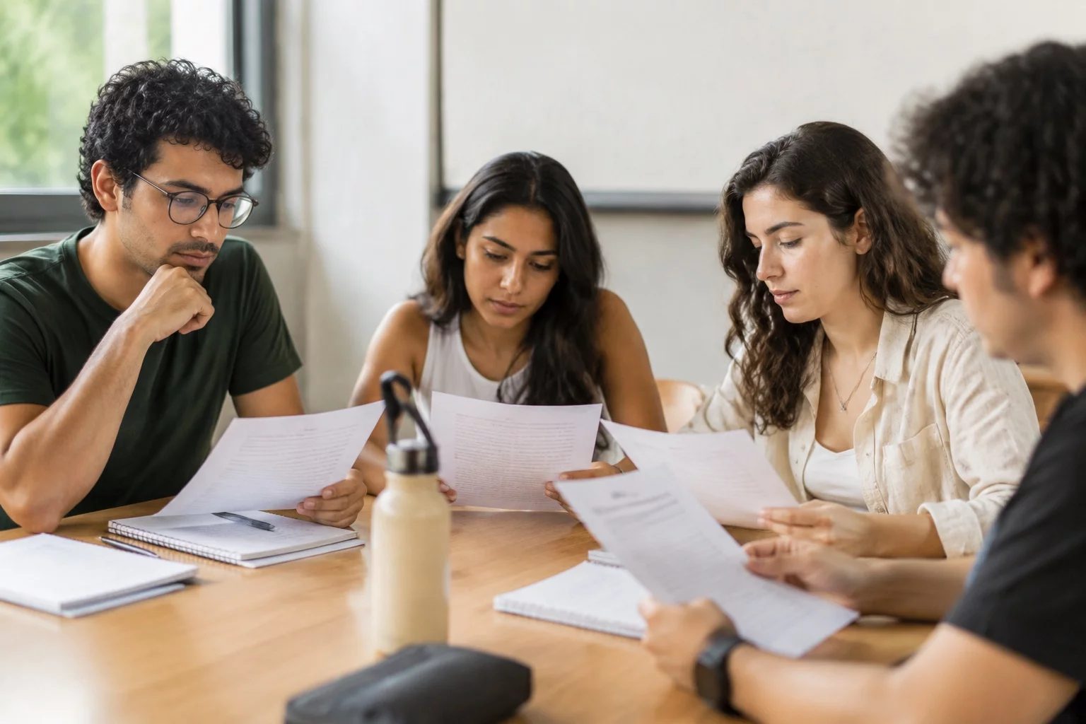 Grupo pequeno lendo páginas impressas de argumentos ao redor de uma mesa