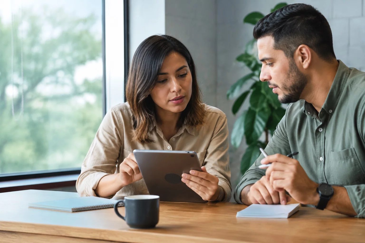 Duas pessoas revisando anotações em um tablet sobre uma mesa de madeira